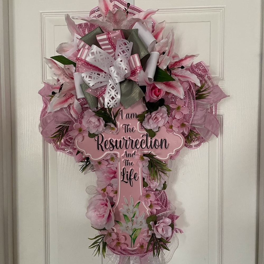 Pink Floral Easter/Resurrection Cross Wreath